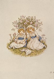 Two Girls with Dolls Sitting Under a Rose Bush
