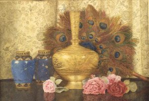 Eastern Presents: Cloisonne Vase, Peacock Feathers, Damask Roses and Indian Vase by Kate Hayllar