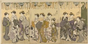 Courtesans and Their Attendants Parading Under Lanterns by Katsukawa Shuncho