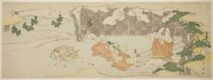 Court Ladies on a Balcony Watching a Woman and a Girl Chasing a Man in the Yard under Blossoming Cherry Trees by Katsukawa Shun