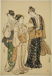The Actor Iwai Hanshiro IV in Street Attire Conversing with Two Women