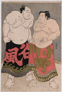 Full-length portraits of the wrestlers Onogawa Kisaburo and Tanizake Kajinosuke