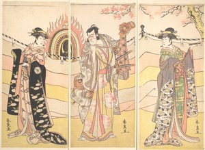 Three Actors in Beautiful Costumes Performing a Religious Dance by Katsukawa Shunsen