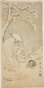 A Pilgrim Praying through the Night to the Buddha is Startled by a Ghostly Head Lying on the Snow-Covered Ground by Katsukawa Shunsho