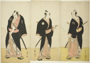 Actors Ichikawa Danjūrō V as Gokuin Sen’emon, Bandō Mitsugorō I as An no Heibei, and Nakamura Sukegorō II as Kaminari Shōkurō in “A Soga Drama on the First Festival Day in the Pleasure District”