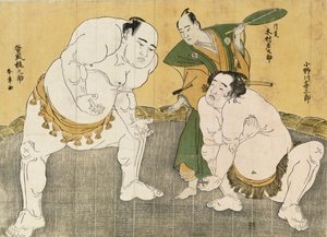 Onagawa Kisaburo and Tanikaze Kajinosuke Performing the Shiriki in the Dohyo, Refereed by Kimura Shonosuke