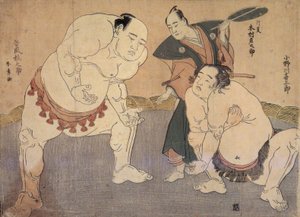 Onagawa Kisaburo and Tanikaze Kajinosuke Performing the Shiriki in the Dohyo, Refereed by Kimura Shonosuke