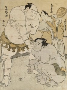 Preparations for the Match between Onagawa Kisaburo and Tanikaze Kajinosuke, refereed by Kimura Shonosuke