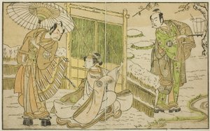 The Actors Arashi Sangoro II as Minamoto no Yoritomo (right), Segawa Kikunojo II as Yuki Onna (center), and Ichimura Uzaemon IX as Kajiwara Genta no Kagetoki, in the Play Myoto-giku Izu no Kisewata, Performed at the Ichimura Theater in the Eleventh Month