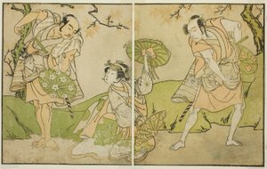 The Actors Ichikawa Somegoro, Segawa Kikunojo II, and Bando Sampachi in Unidentified Roles in the Play Myoto-giku Izu no Kisewata, Performed at the Ichimura Theater in the Eleventh Month, 1770
