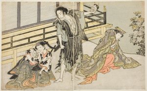 The Actors Nakamura Noshio I as Nyosan no Miya, Ichikawa Danjuro V as the Renegade Monk Yochin, and Yamashita Kinsaku II as the Maid Mutsuhana, in the Play Fuki Kaete Tsuki mo Yoshiwara, Performed at the Morita Theater