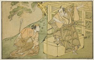 The Actors Onoe Matsusuke I as Akaboshi Taro and Azuma Tozo II as Shirotae, in the Play Kono Hana Yotsugi no Hachi no Ki, Performed at the Ichimura Theater in the Eleventh Month, 1771