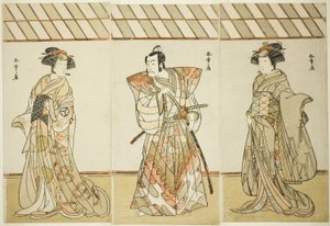 The Actors Onoe Tamizo I as Nishikigi (?) or Otae (?) (right), Ichikawa Danjuro V as Miura Heidayu Kunitae (?) (center), and Osagawa Tsuneyo II as Oyuki (?) (left), in the Play Date Nishiki Tsui no Yumitori (?), Performed at the Morita Theater (?) in the E