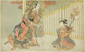 The Actors Yamashita Kinsaku II as Mutsuhana, Bando Mitsugoro I as Kashiwagi no Emon, and Nakamura Sukegoro II as Akamatsu Mushanosuke, in the Play Fuki Kaete Tsuki mo Yoshiwara