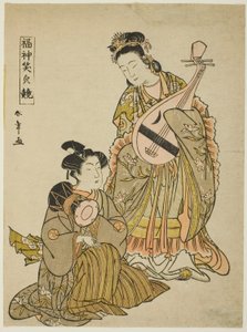 The Goddess Benten Holding a Biwa and a Young Man Holding a Shoulder Drum, from the series 