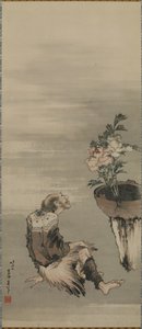 A Seated Man Looking at Potted Peonies, Edo period by Katsushika Hokusai