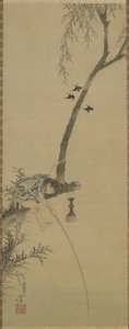 A boy fishing from the limb of a tree, Edo period by Katsushika Hokusai