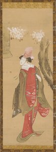 A dancer, Kiyohime, a cherry tree and the bell of Dojo-ji by Katsushika Hokusai