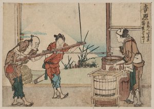 An older man and two young apprentices manually operating a stirring device, Yoshiwara by Katsushika Hokusai