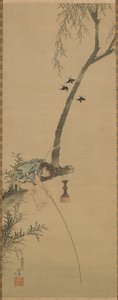Boy fishing from the limb of a tree