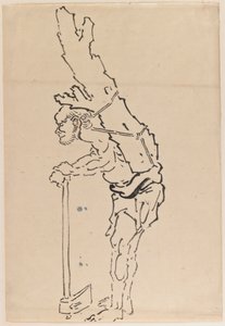 Drawing of a man resting on an axe and carrying part of a tree trunk on his back