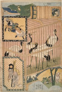 Japanese Cage and Manchurian Cranes, from a Set Advertising Giant Straw Works in a Fair Attraction by Katsushika Hokusai