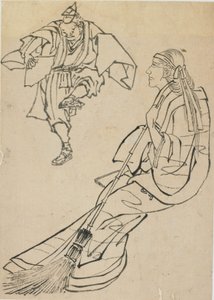 Old Woman Seated on Bench Before Whom a Man with Fan Dances by Katsushika Hokusai