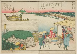 Pages from the illustrated book "Panoramic Views along the Banks of the Sumida River" by Katsushika Hokusai