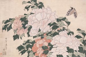 Pink and Red Peonies Blown to the Left in a Breeze and a Butterfly by Katsushika Hokusai