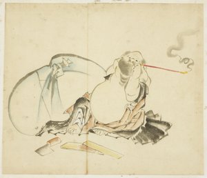 Seated Hotei Smoking a Pipe by Katsushika Hokusai