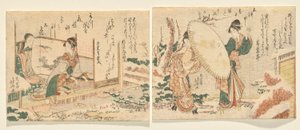 Snowy Morning: Two Women Walk in a Snow-Covered Garden in Snow-Geta with an Umbrella; Young Woman Plays the Koto and Looks at Her Mother by Katsushika Hokusai
