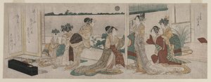 Tsukasa and Other Courtesans Watching the Autumn Moon Rise Over Rice Fields