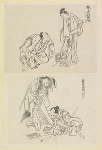 Two Stage Scenes, One with a Man and a Woman and One with a Man and a Fox Woman by Katsushika Hokusai