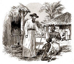 A Catholic missionary in Africa practicing a conversion on a child and his father by Alec Hunter