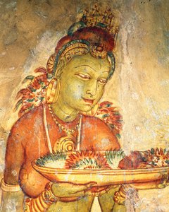 Apsaras, heavenly nymph offering flowers, fresco, fortified citadel of Sigiriya