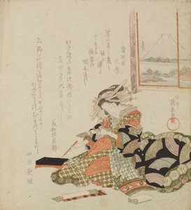Courtesan Writing on Luxurious Paper / Courtesan Holding Tanzaku by Keisai Eisen