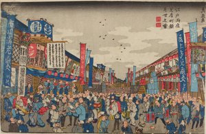 Crowd in Front of Theaters on Shibaimachi Street / Edo Ryoza Shibaimachi Kaomise no zu by Keisai Eisen