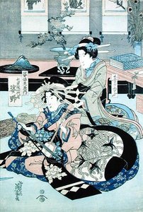 Two Seated Ladies, One Playing the Samisen by Keisai Yeisen