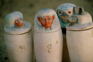 Canopic jars of Pakerdemamon with stoppers of the four sons of Horus, Hapy, Duamutef, 2002 by Kenneth Garrett