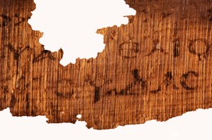 Detail of the concluding page of the Gospel of Judas, last line of text reads "The Gospel of Judas", 2006 (photo) by Kenneth Garrett