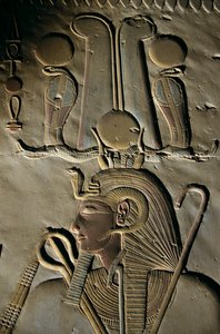 Relief from Seti I Temple at Abydos, Egypt, Abydos; carving; figure; Seti; god; crown