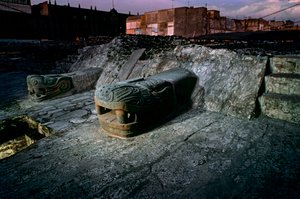 Serpent Replica on Great Temple, Tenochtitlan, Templo Mayor, Aztec, Mexico, Mexico City, 2010 by Kenneth Garrett