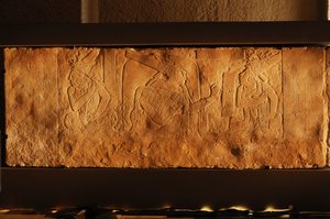 Temple 19 throne bench, Palenque, Mexico, carving of Akhal Mo Nab by Kenneth Garrett