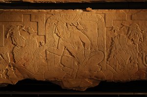 Temple 21 throne bench, carving of king Akhal Mo Nab, Palenque, Mexico, 2005 by Kenneth Garrett