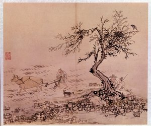 Korean art: scene of plowing by Kim Hong Do