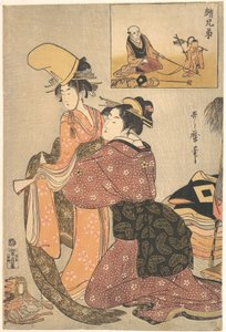 A Woman Dressing a Girl for the Kabuki Dance “Musume Dojōji,” with “Brother Picture” (E-kyōdai) of a Monkey Trainer by Kitagawa Utamaro