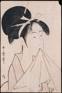 A bust portrait of Okita of the Naniwaya holding a hand towel in her teeth and stretching the cloth by Kitagawa Utamaro