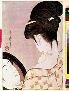 A woman powdering her neck with shade by Kitagawa Utamaro