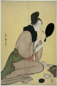 Bijin-ga. Girl Applying Makeup to Her Lips by Kitagawa Utamaro
