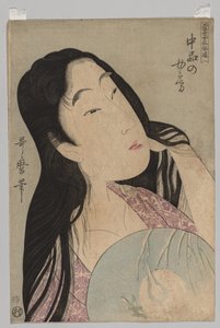 Bust of Woman with Loose Hair Holding Fan by Kitagawa Utamaro
